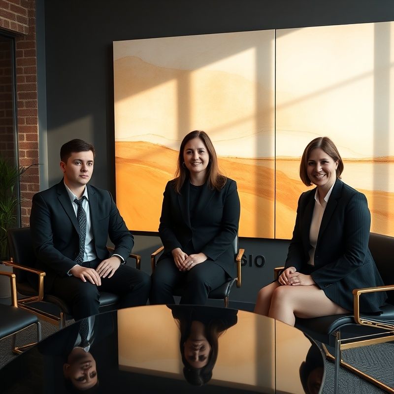 Team van drie financiële specialisten in een charcoal-gouden vergaderruimte